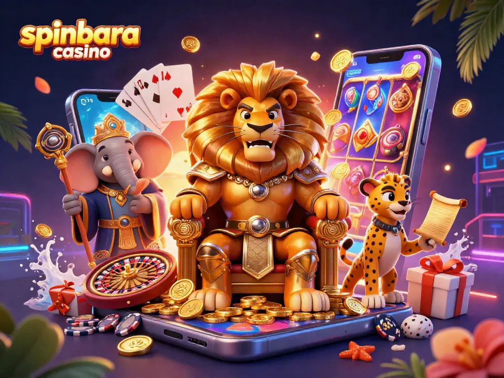 Engage with spinbara casino through a vibrant, dynamic 3D scene featuring casino games and characters.