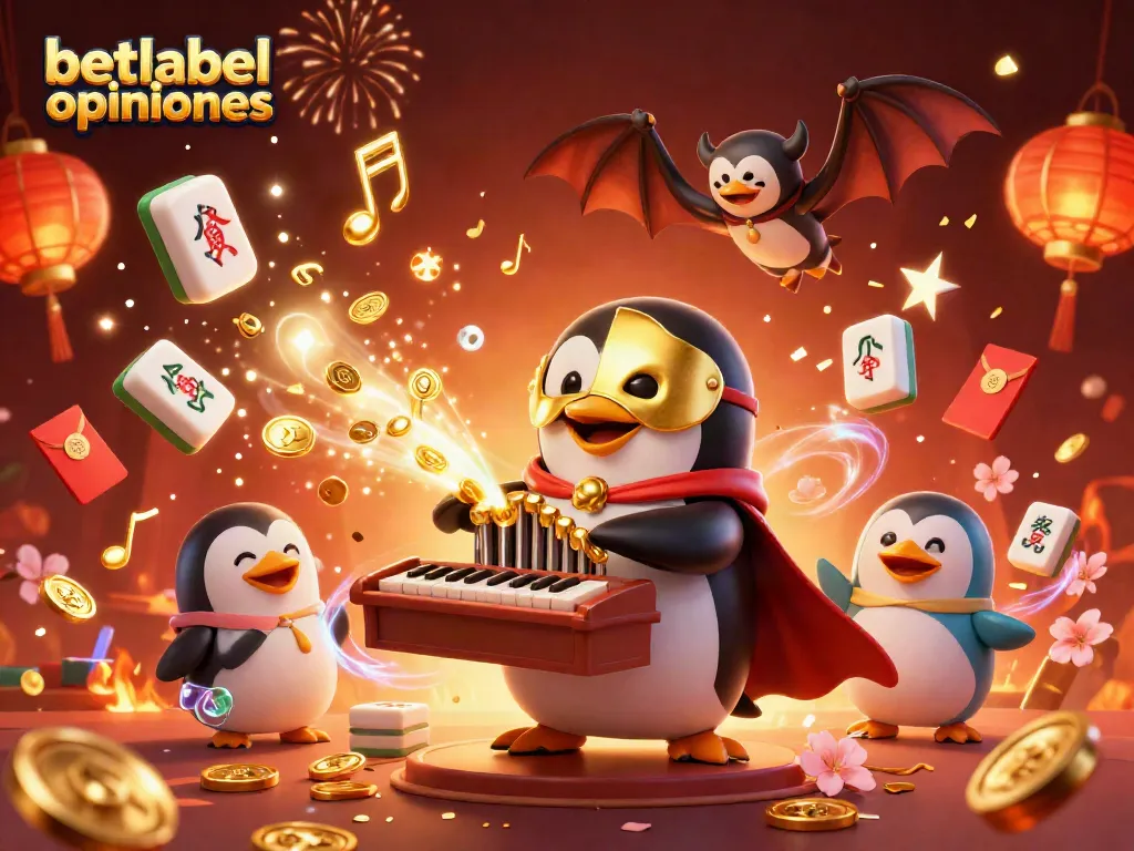 Engagingly review betlabel opiniones as golden coins flow from a penguin's organ amidst a vibrant casino scene.