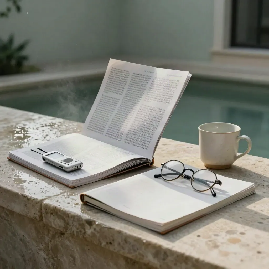 Pruebas de revista, cuaderno de lino, grabador y taza sobre piedra húmeda tras la lluvia.