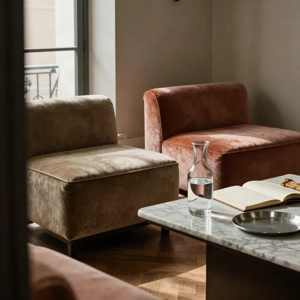 Dos butacas vacías junto a una mesa de mármol con agua y un libro desenfocado.