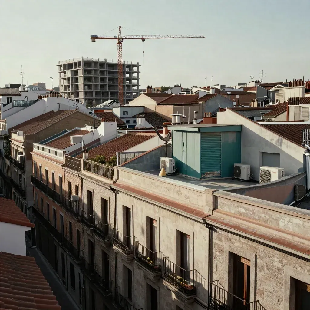 Barrio madrileño con fachadas viejas y una obra nueva al fondo, visto desde una azotea.