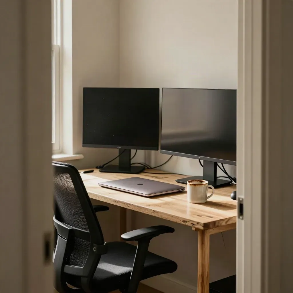 Rincón doméstico de teletrabajo con portátiles apagados, monitores oscuros y taza manchada.