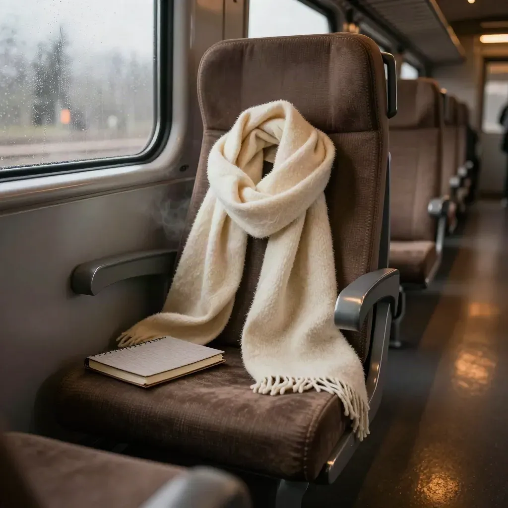 Asiento casi vacío de tren con libreta cerrada, bufanda doblada y ventana empañada al atardecer.