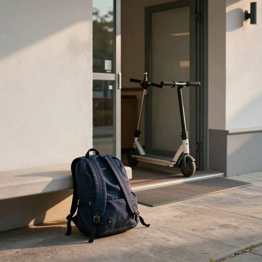 Entrada de un centro educativo al atardecer, con mochilas, patinetes y banco de hormigón.