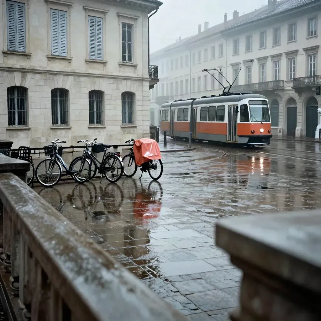 Plaza de piedra mojada con tranvía al fondo y bicis, bajo una niebla suave