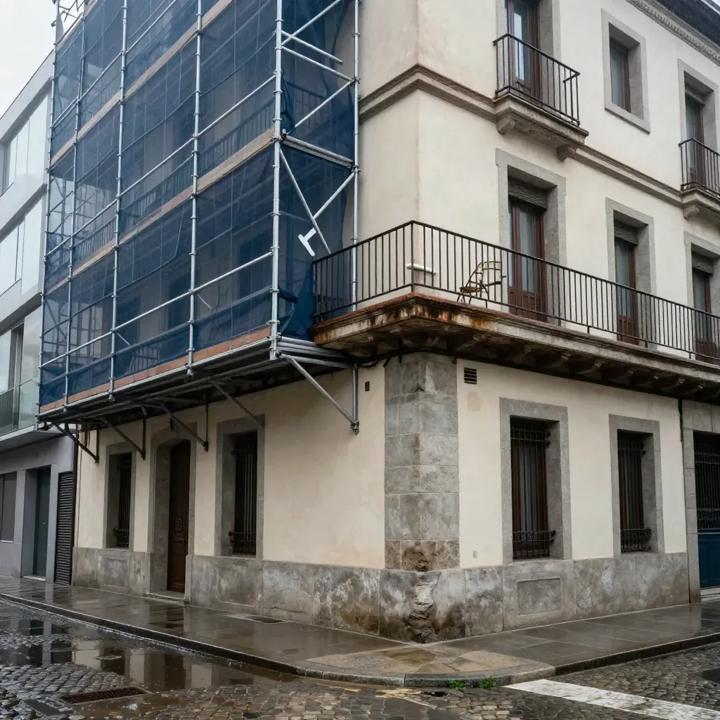 Esquina madrileña en capas con andamios, terraza metálica y obra nueva tras la lluvia.