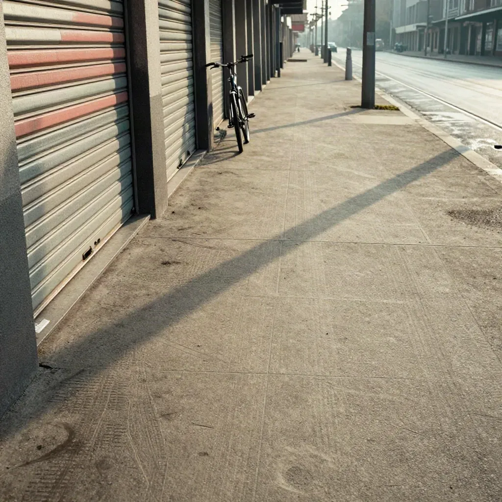 Acera larga con marcas de rueda, persianas medio bajadas, una bici y vía de tranvía al fondo.