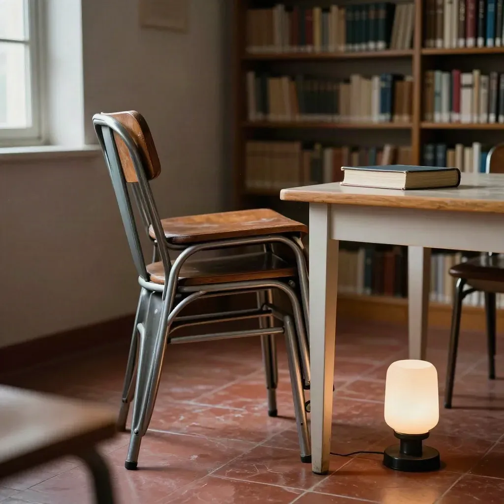 Biblioteca de barrio con sillas apiladas, mesa vacía, libro cerrado y lámpara apagada.