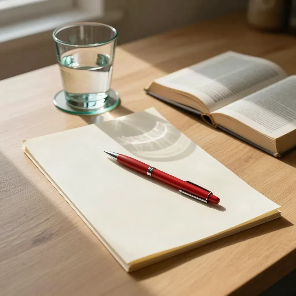 Mesa de cocina con papel doblado, bolígrafo rojo, vaso de agua y diccionario cerrado.
