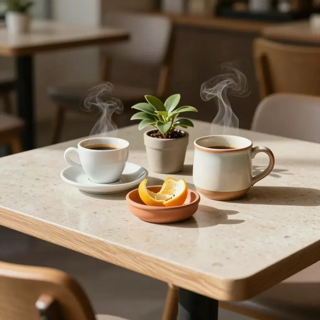 Dos tazas de café, cáscaras de cítrico y una planta pequeña sobre mesa de travertino.