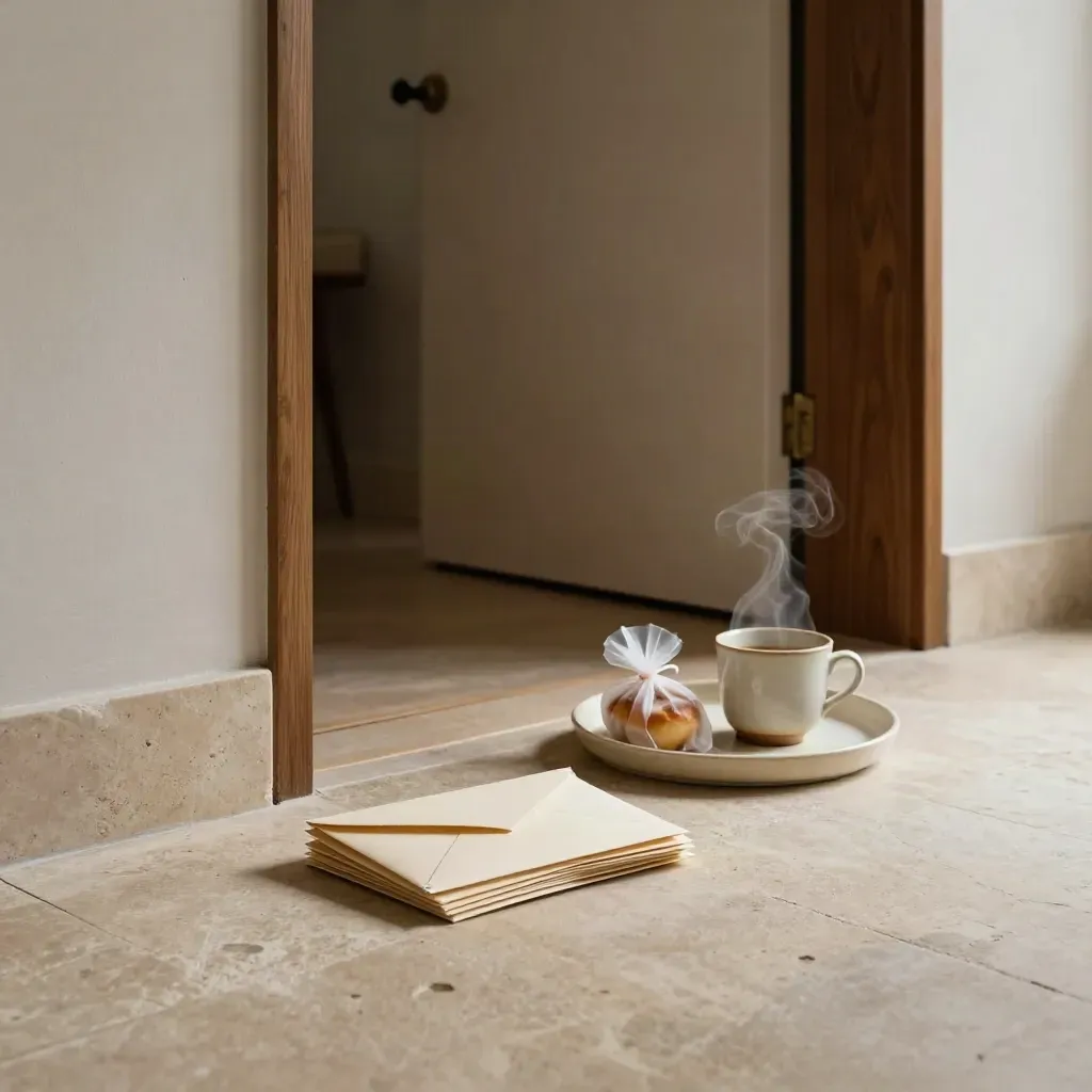 Entrada de piso con correo apilado, bollería y una taza humeante en luz de mañana.