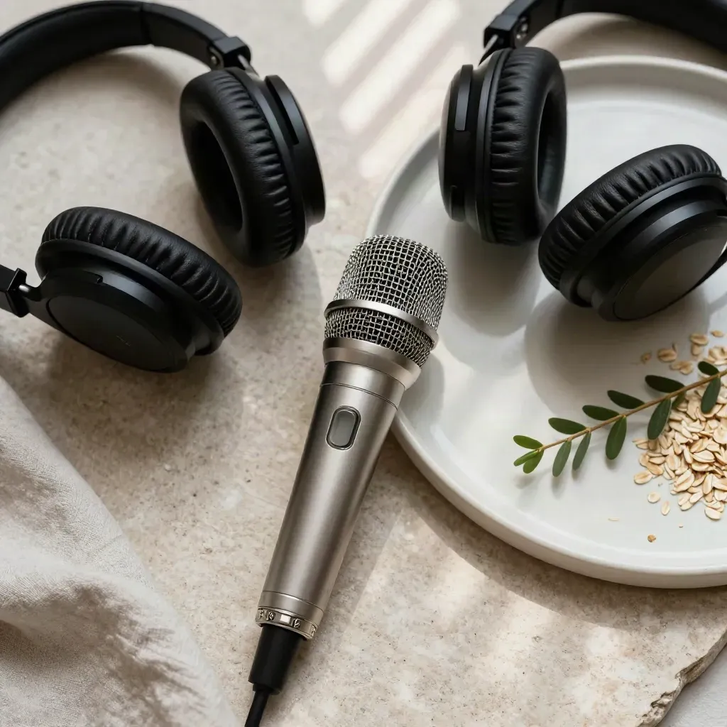 Micrófono compacto, auriculares y bandeja de cerámica sobre lino crudo con una ramita verde.