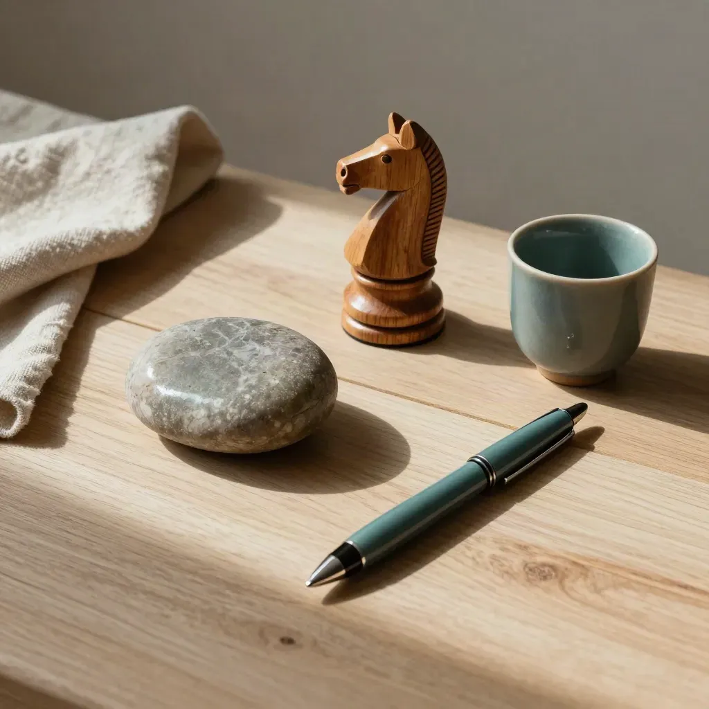 Piedra pulida, caballo de ajedrez de madera, bolígrafo fino y taza pequeña sobre madera clara.