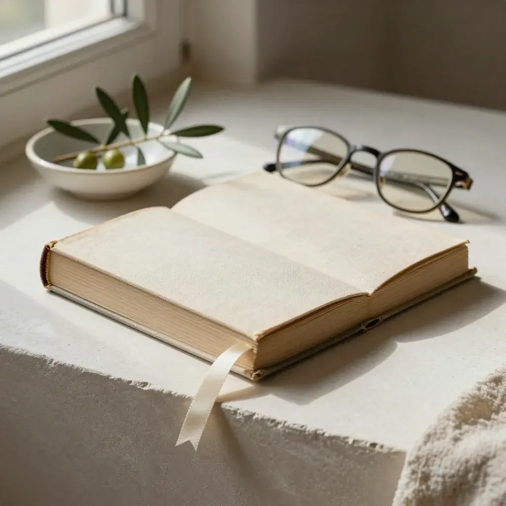 Libro de tela, gafas, cinta y rama de olivo en cuenco sobre fondo marfil.