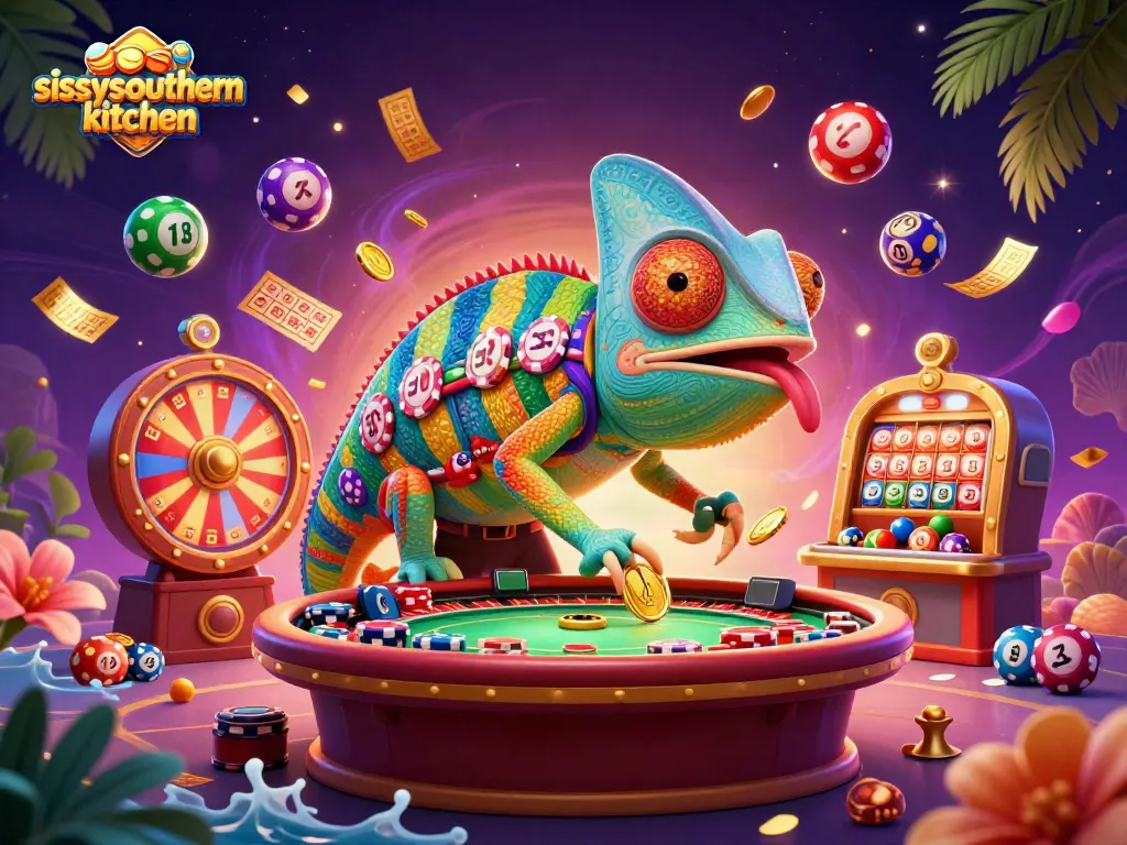 Sissy's Southern Kitchen celebrates thrilling casino excitement with dynamic gambling elements amidst vibrant colors.